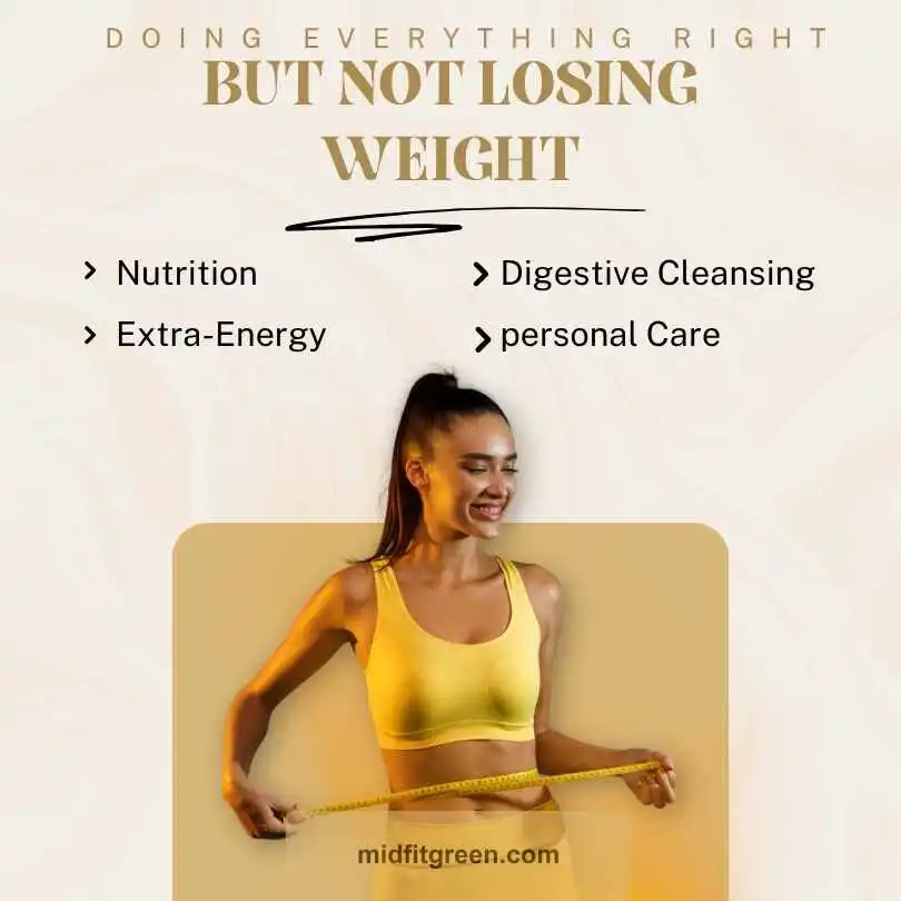 Smiling woman in yellow sports bra measuring her waist with a tape, surrounded by text highlighting nutrition, digestive cleansing, personal care, and extra energy for natural weight loss.